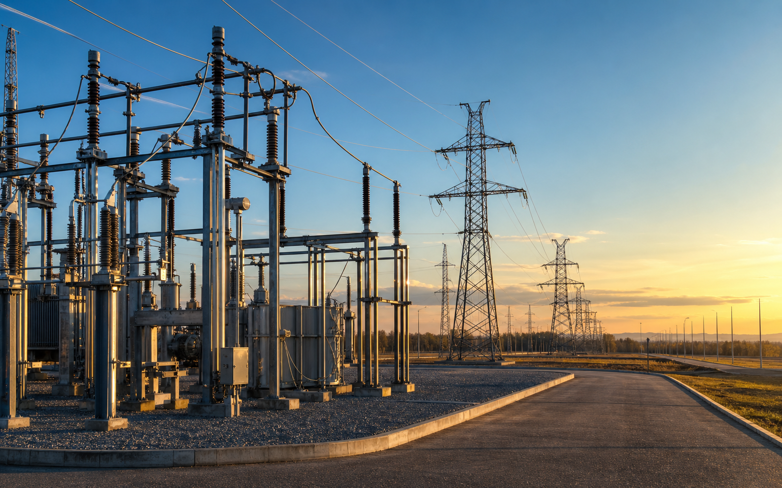 Modern high-voltage transmission infrastructure and electrical substation representing eGridSync engineering expertise